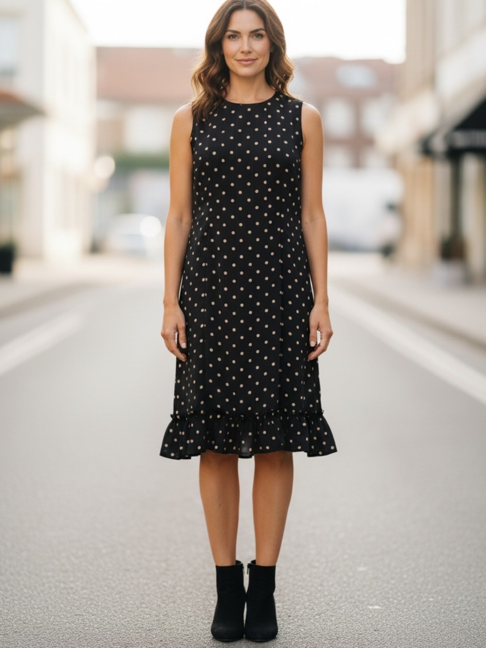 Sheer Sandra Darren Black Polka Dot Ruffle Hem Dress Size 8P